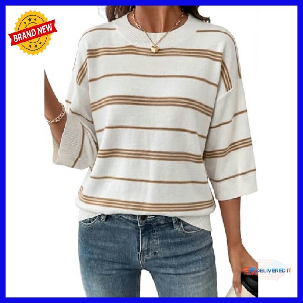 Oversized 3/4 Sleeve Striped Crewneck Lightweight Knit Pullover Sweater - Picture 2 of 8